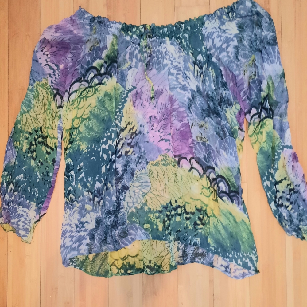 ULLA Popken Green Summer Floral Off Shoulder Elastic Top Size 20/22 Long Sleeve
